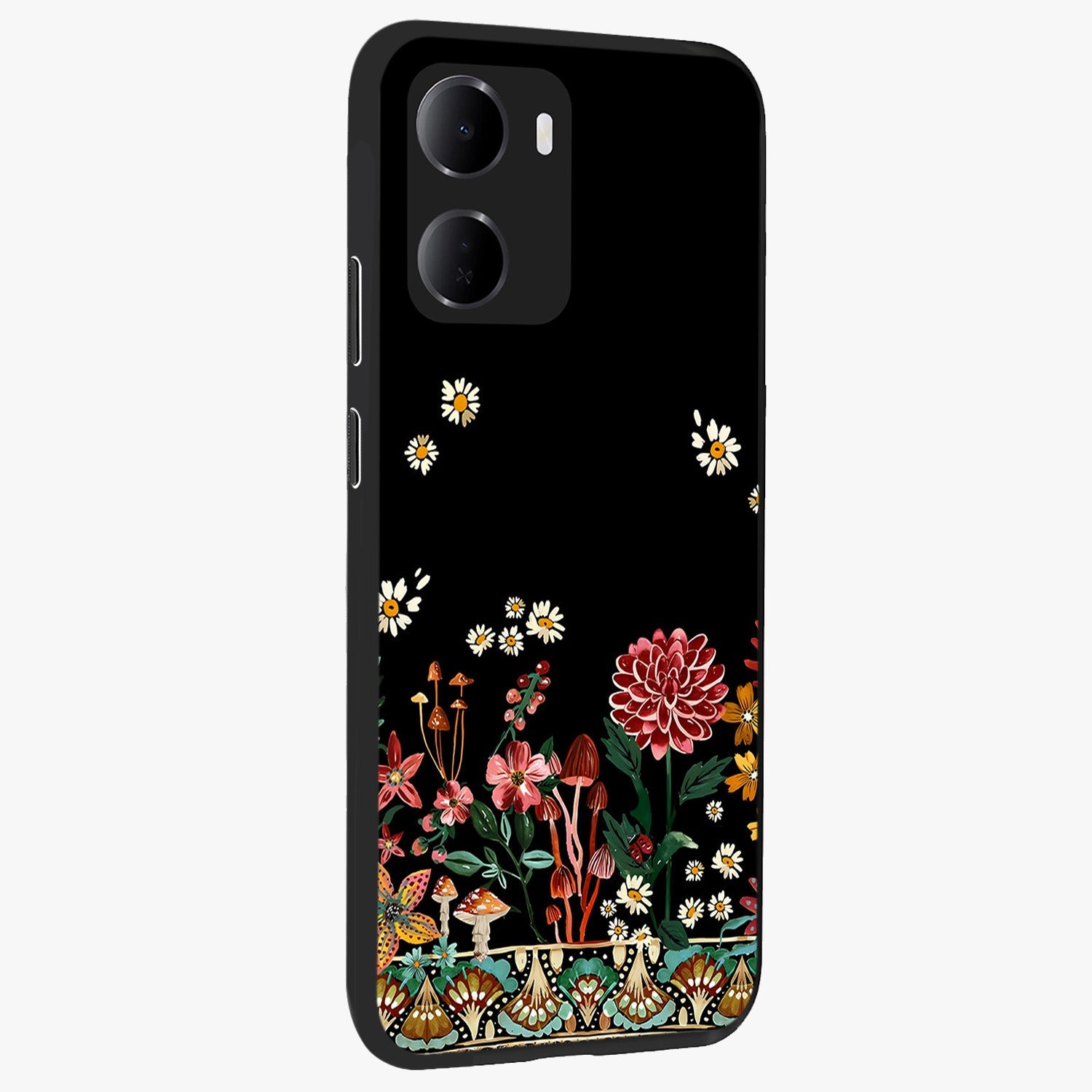 Midnight Bloom Pattern Glass Case upright view showcasing decorative floral artwork with deep night themed palette.