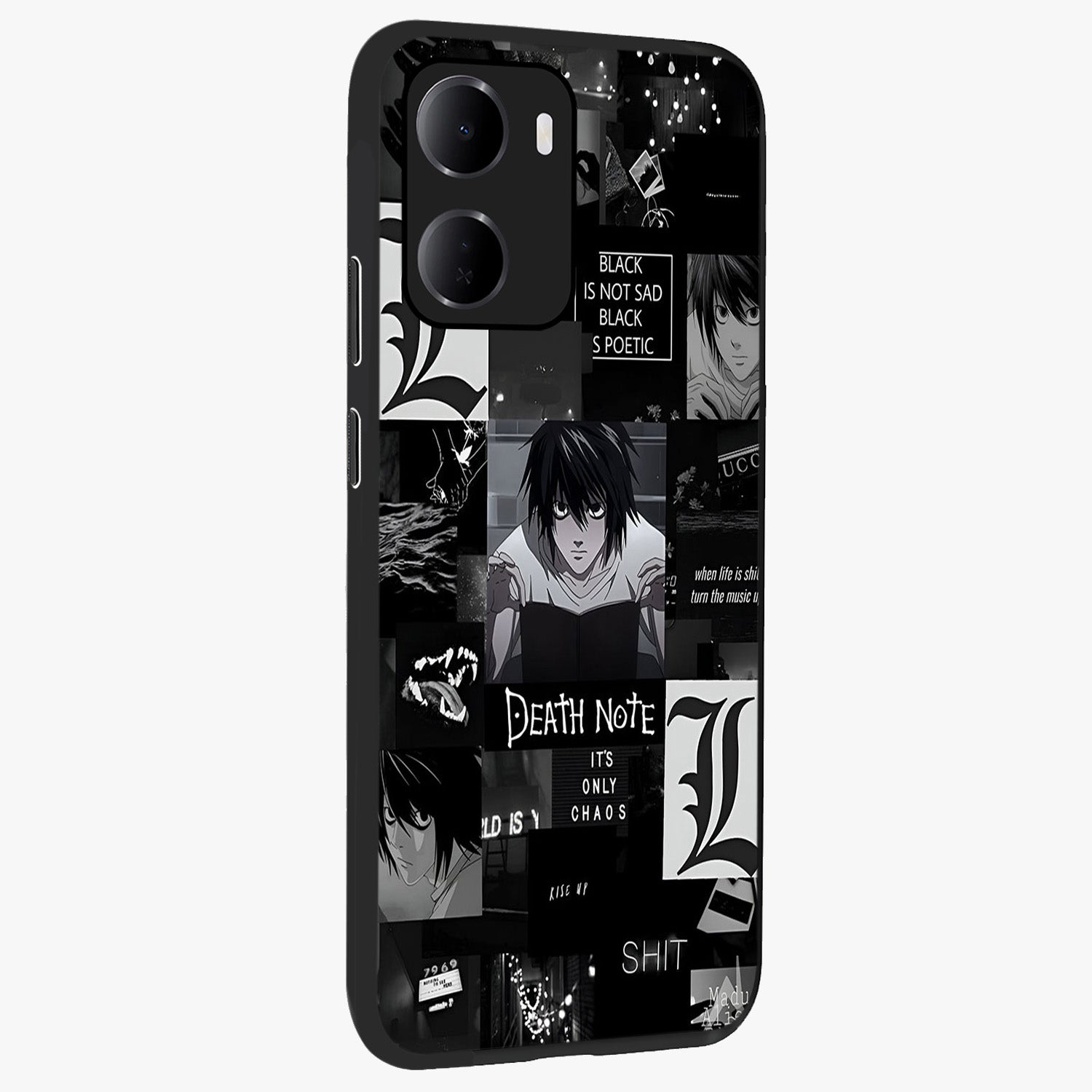 Midnight Chaos Mind Glass Case upright view showcasing expressive abstract artwork with bold dark theme.