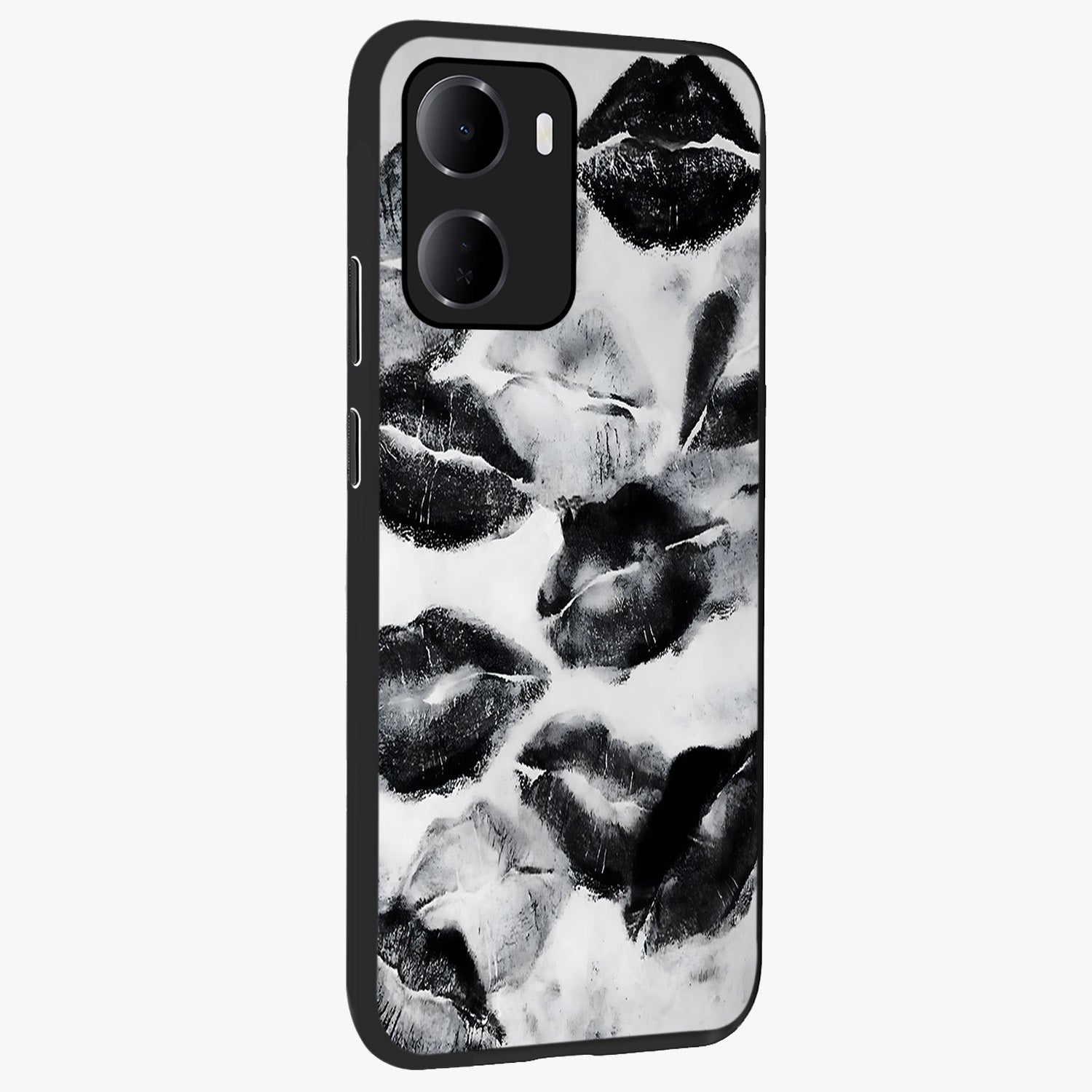 Midnight Kiss Marks Glass Case upright view showcasing stylish kiss mark artwork with trendy romantic theme.