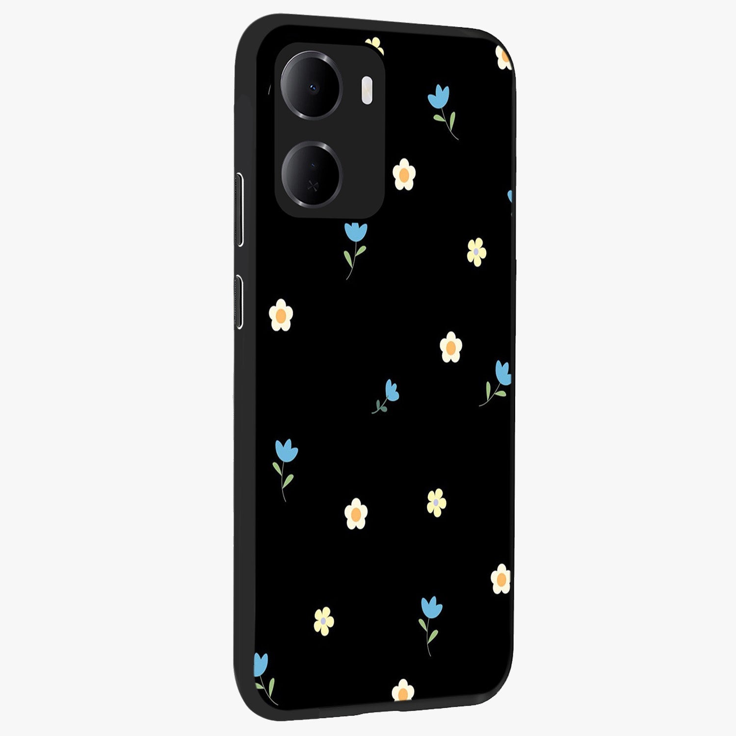 Minimal Petal Whispers Glass Case upright view showcasing elegant floral artwork with modern minimalist style.