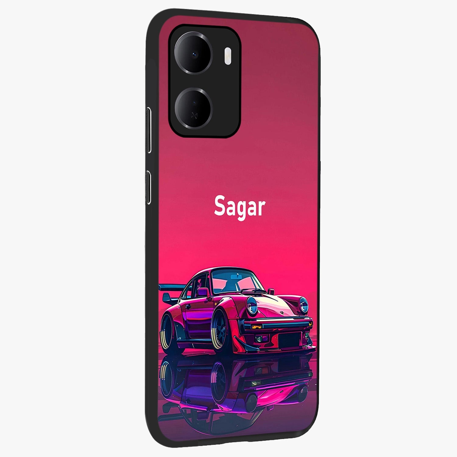 Neon Pink Porsche Glass Case upright view showcasing vibrant sports car artwork with bold automotive theme.