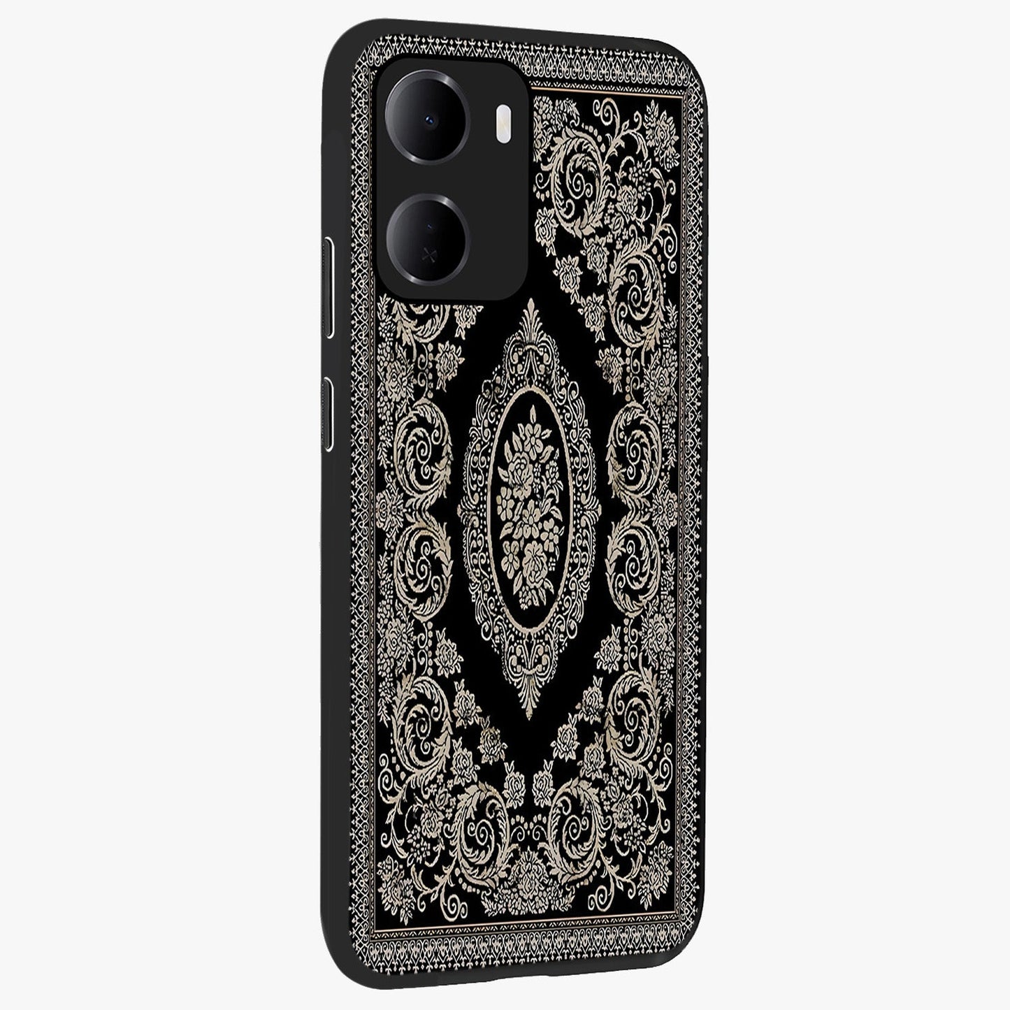 Noir Bloom Elegance Glass Case upright view showcasing graceful floral artwork with luxurious dark theme.