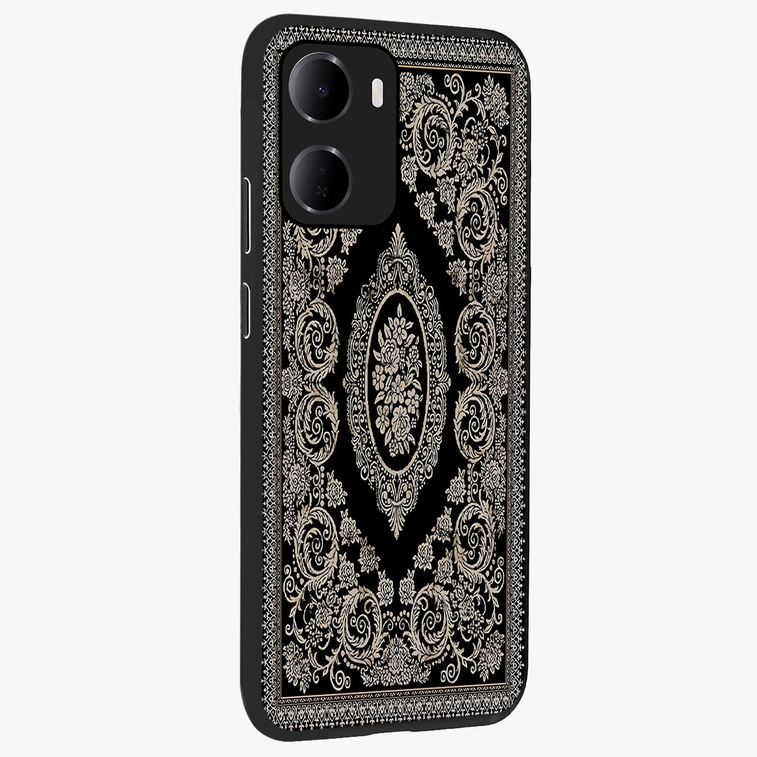 Noir Bloom Elegance Glass Case upright view showcasing graceful floral artwork with luxurious dark theme.