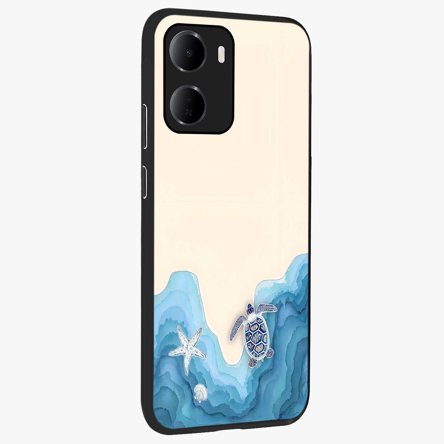 Ocean Drift Turtle Glass Case upright view showcasing calm underwater turtle artwork with nature inspired theme.
