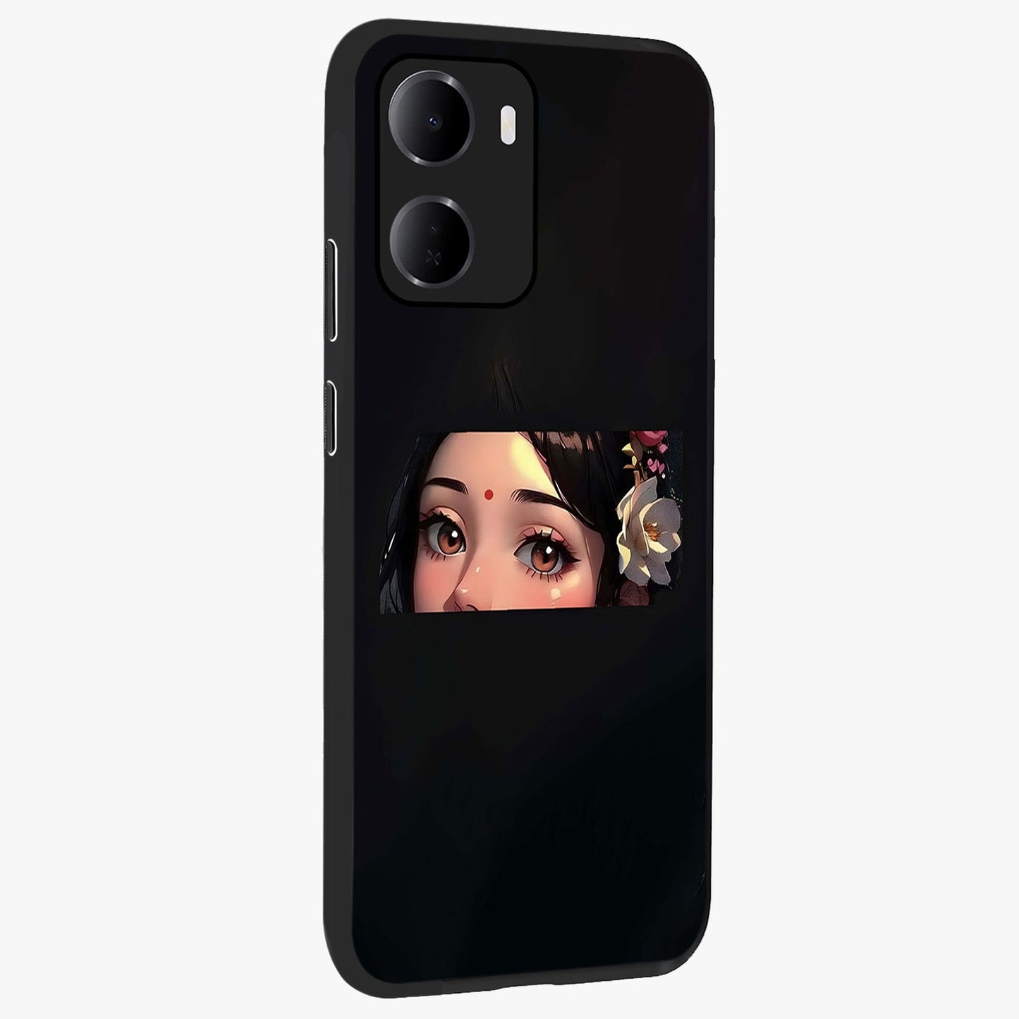 Radha Divine Embrace Glass Case upright view showcasing sacred Radha themed artwork with peaceful devotional style.