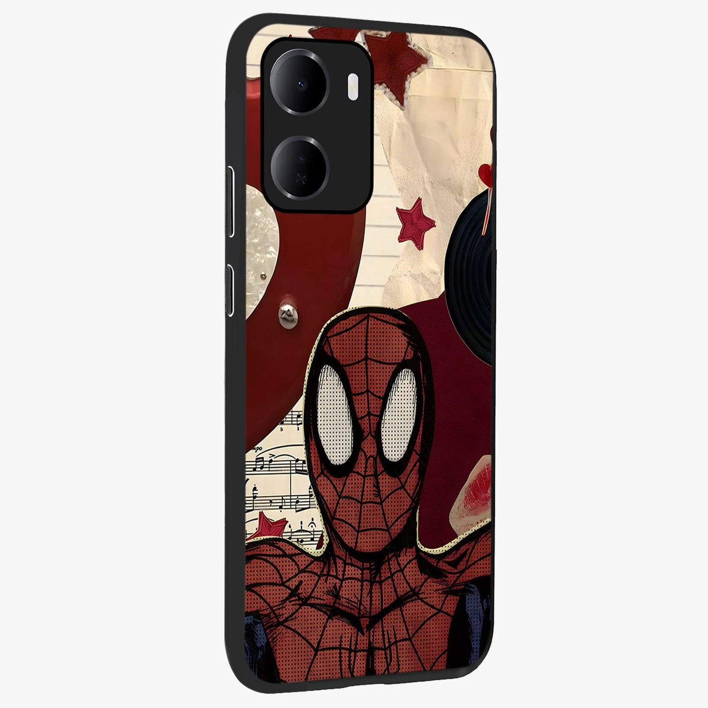 Web Warrior Vibes Glass Case upright view showcasing energetic superhero artwork with bold action theme.