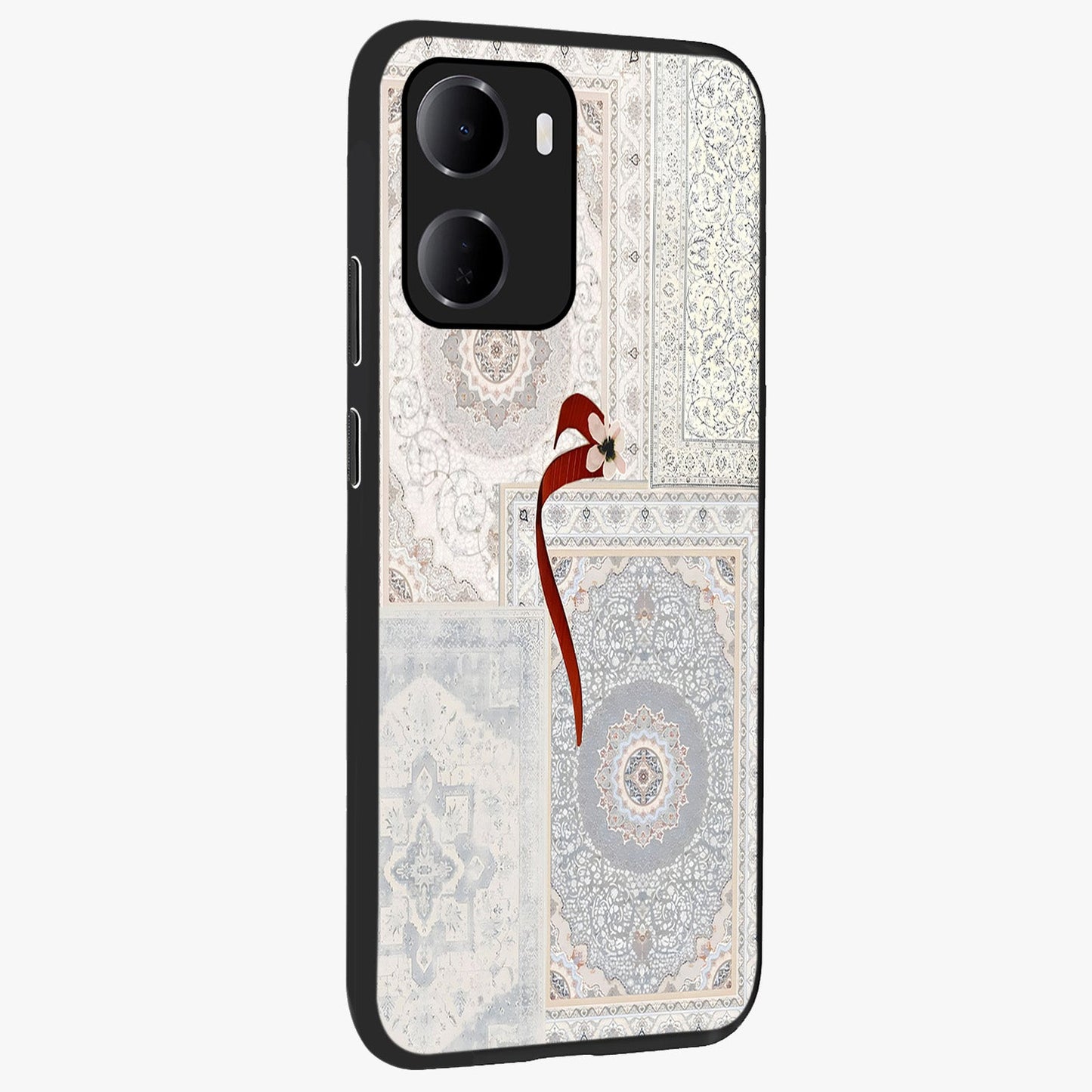 White Aesthetic Bow Glass Case upright view showcasing delicate ribbon bow artwork with cute minimalist theme.