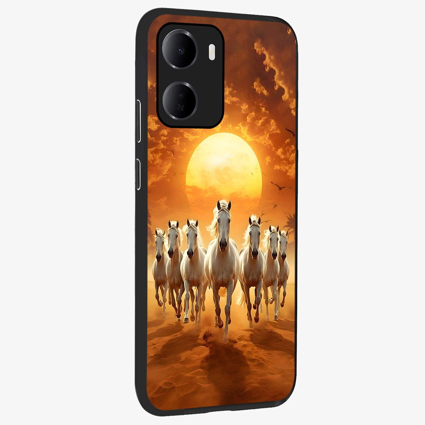 Wild Sunset Majesty Glass Case upright view showcasing dramatic sunset artwork with bold nature theme.