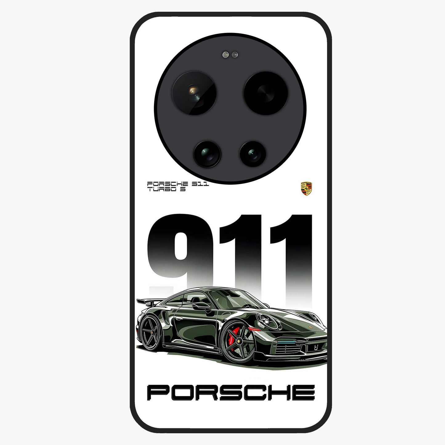 911 Turbo Dominance Glass Case showing clean flat back view with bold 911 sports car artwork and glossy glass finish.