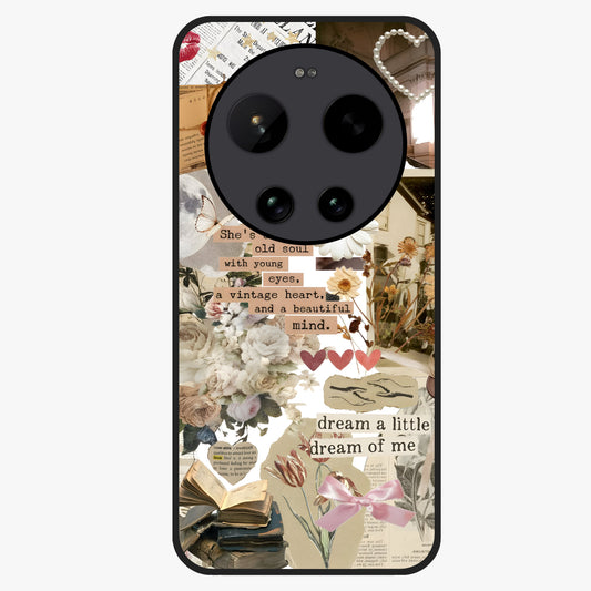 Aesthetic Brown Vintage Collage Glass Case showing flat back view with retro collage artwork and glossy glass finish.