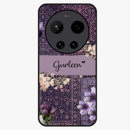 Antique Floral Whisper Custom Name Glass Case showing flat back view with vintage floral artwork and personalized name design.