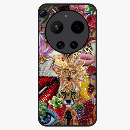 Beaded Fashion Jungle Glass Case showing flat back view with vibrant jungle inspired bead artwork and glossy glass finish.