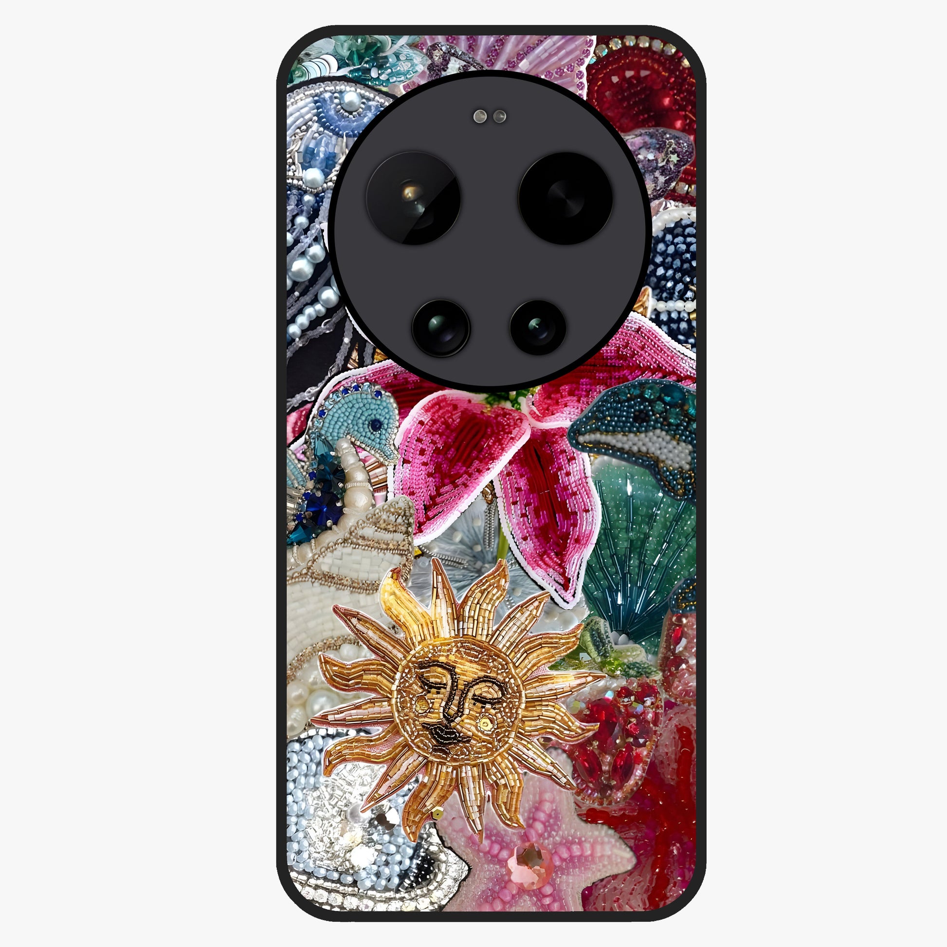 Beaded Garden Fantasy Glass Case showing flat back view with dreamy garden bead artwork and glossy glass finish.
