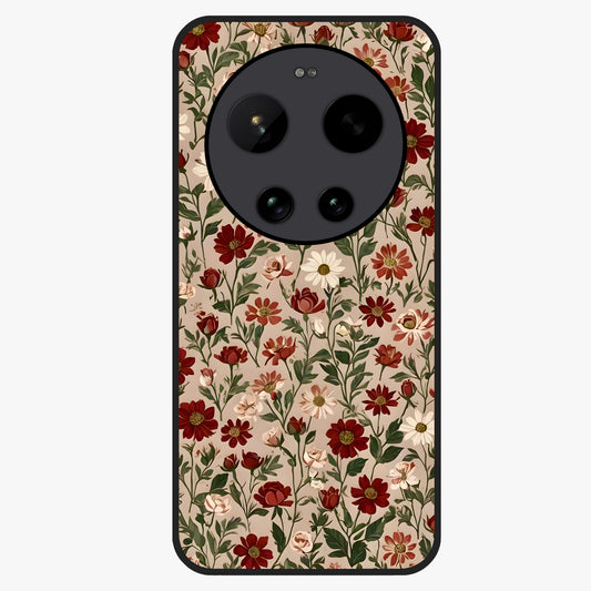 Biege Flower With Leaf Glass Case showing flat back view with soft beige floral artwork and glossy glass finish.