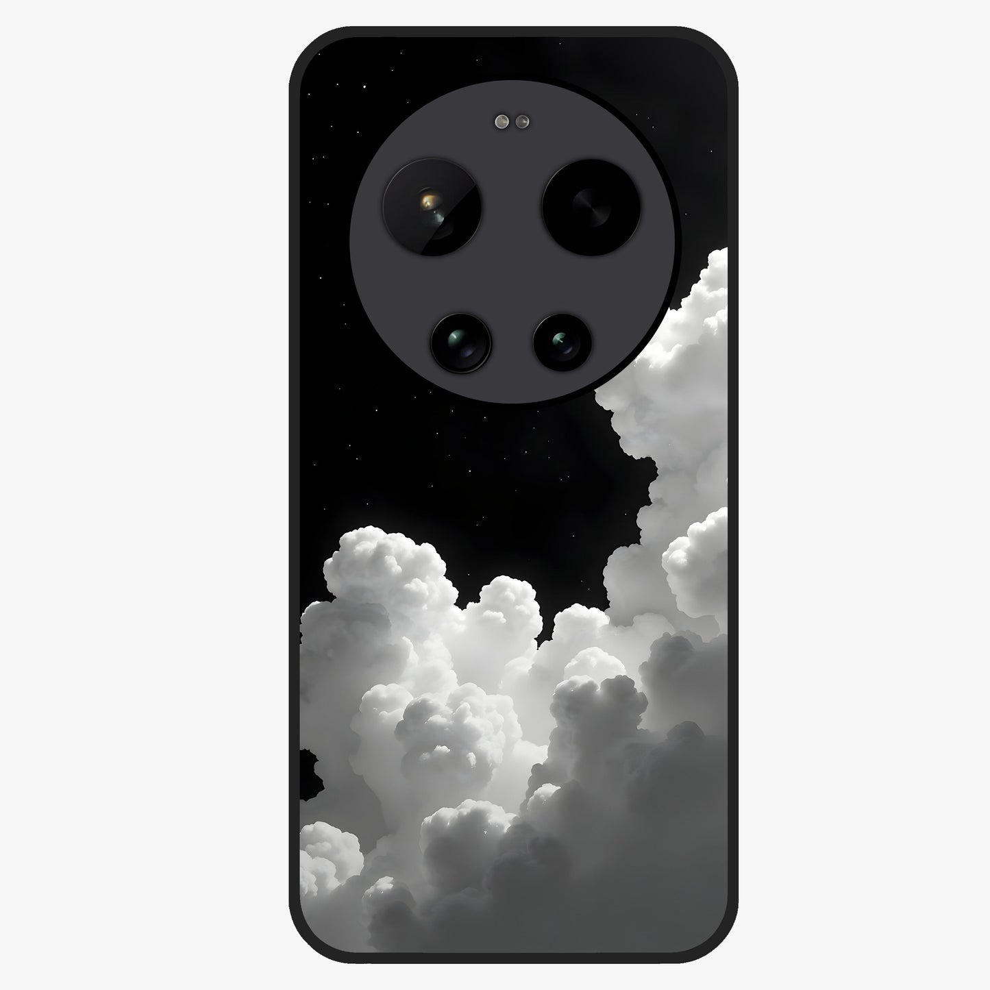 Black Background With White Cloud Glass Case showing flat back view with minimal cloud artwork on dark background and glossy glass finish.