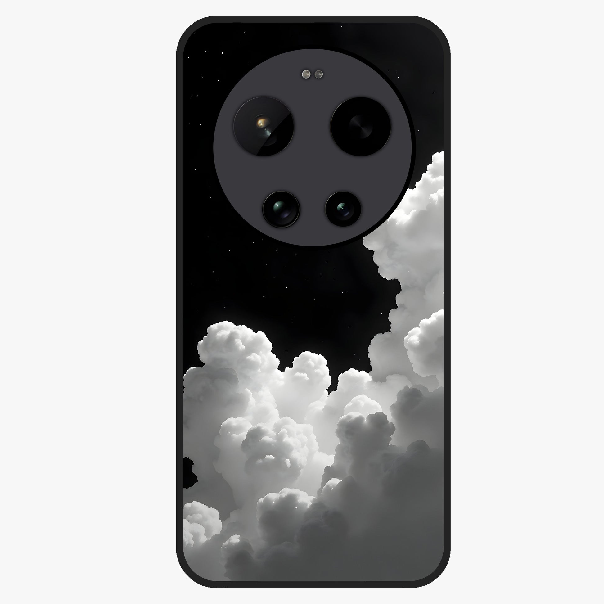 Black Background With White Cloud Glass Case showing flat back view with minimal cloud artwork on dark background and glossy glass finish.
