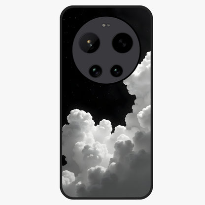 Black Background With White Cloud Glass Case showing flat back view with minimal cloud artwork on dark background and glossy glass finish.