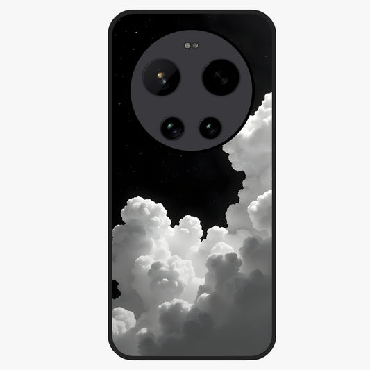 Black Background With White Cloud Glass Case showing flat back view with minimal cloud artwork on dark background and glossy glass finish.
