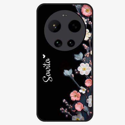 Black Elegance Floral Custom Name Glass Case showing flat back view with elegant floral artwork and personalized name design.