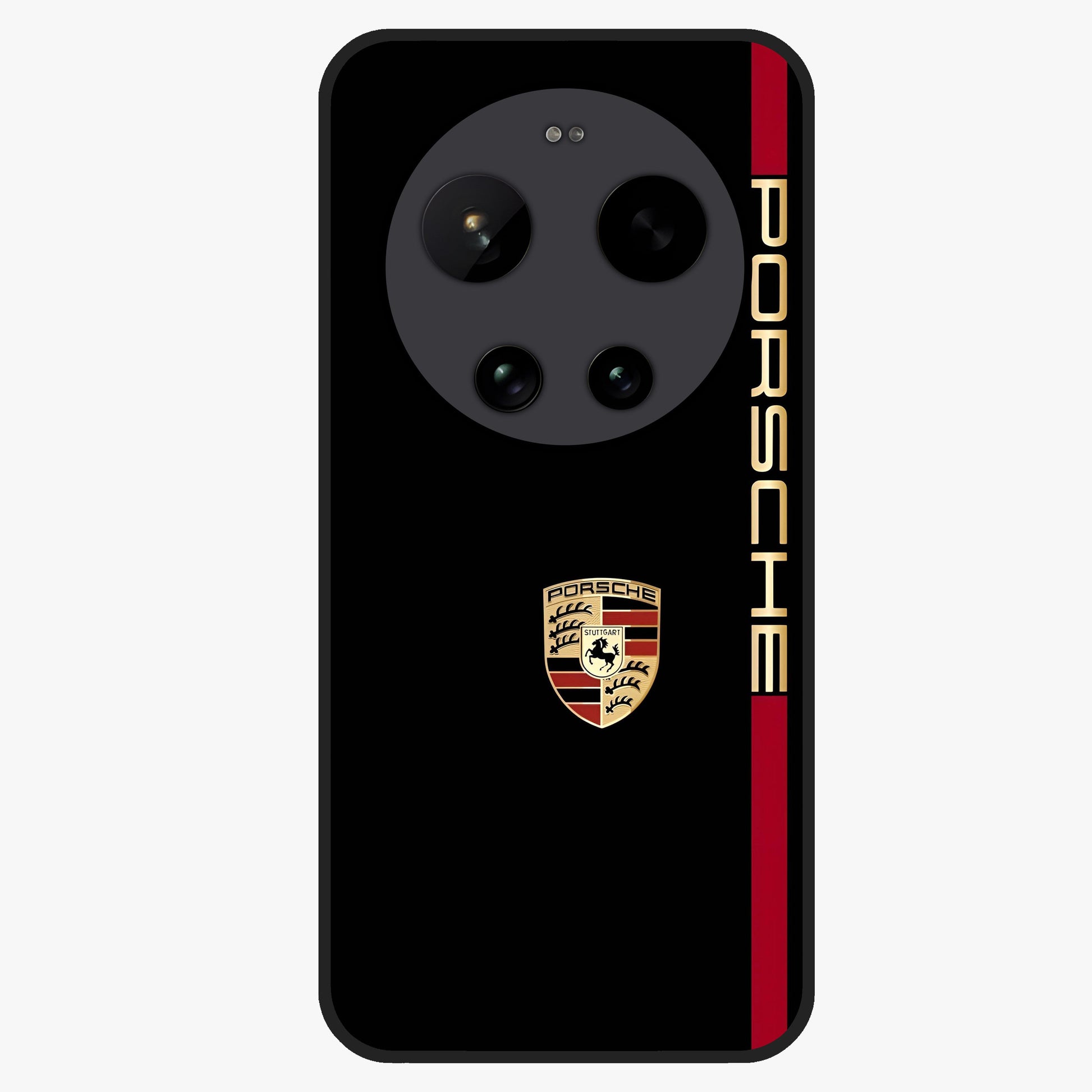 Black Minimal Porsche Glass Case showing flat back view with sleek minimal sports car artwork and glossy glass finish.