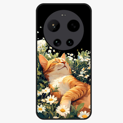 Blissful Bloom Cat Glass Case showing flat back view with cute cat and floral bloom artwork and glossy glass finish.
