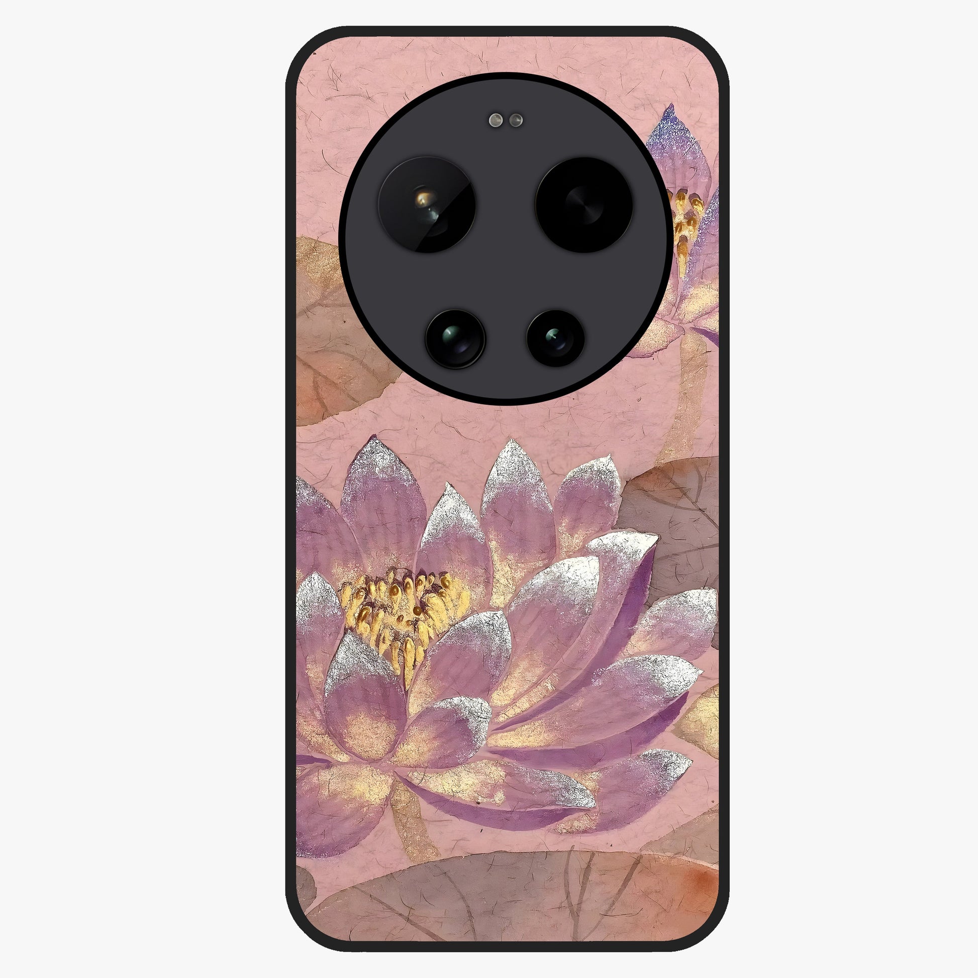Blossom Mist Lotus Glass Case showing flat back view with serene lotus blossom artwork and glossy glass finish.