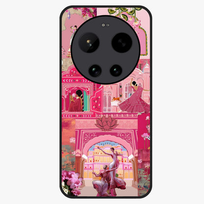 Blossoms of Rajasthan Glass Case showing flat back view with traditional floral artwork inspired by Rajasthan and glossy glass finish.