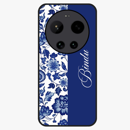 Blue Vintage Floral Pattern Glass Case upright view showcasing timeless floral illustration with vintage inspired style.