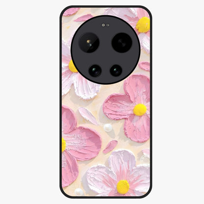 Blush Bloom Texture Glass Case showing flat back view with soft blush floral texture artwork and glossy glass finish.