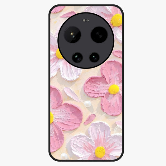 Blush Bloom Texture Glass Case showing flat back view with soft blush floral texture artwork and glossy glass finish.