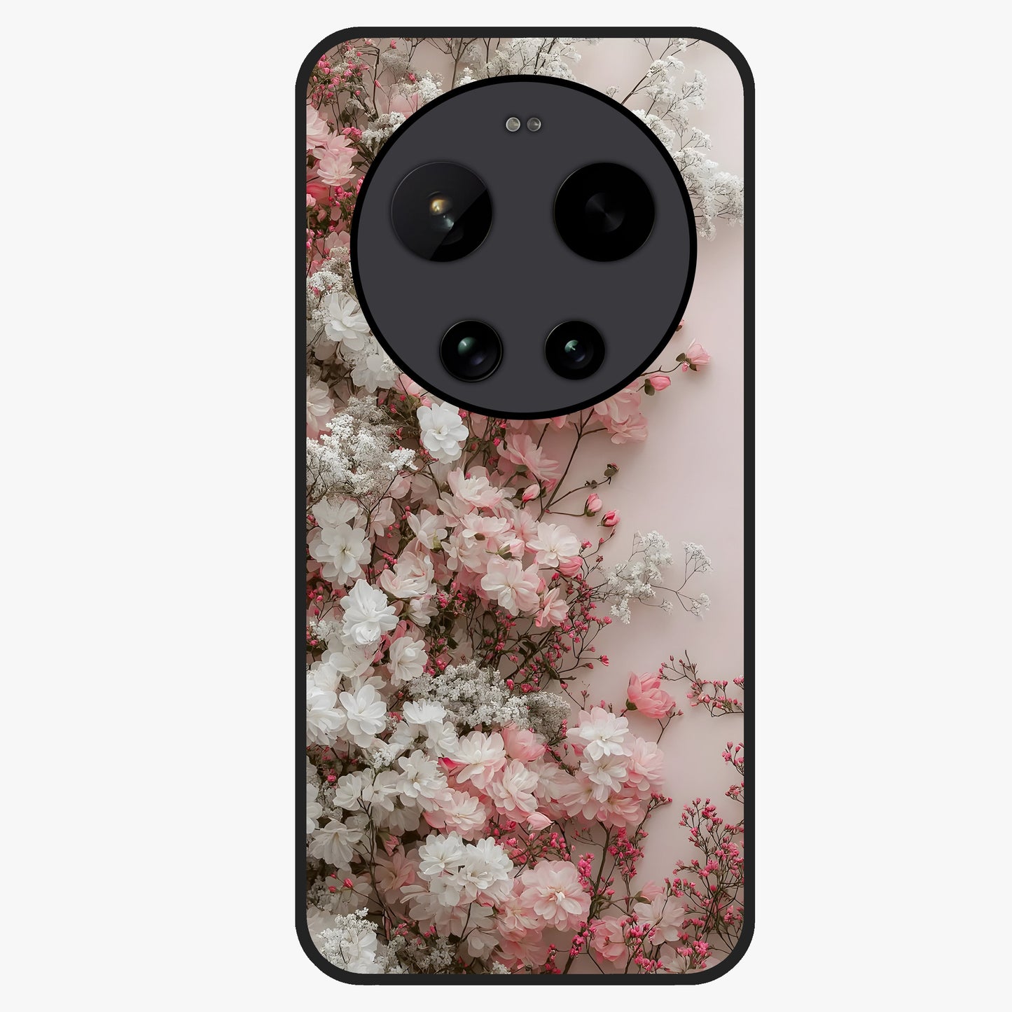 Blush Blossom Cloud Glass Case showing flat back view with dreamy blush cloud blossom artwork and glossy glass finish.