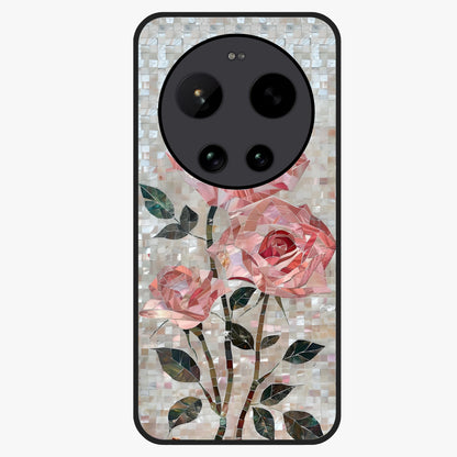 Blush Mosaic Bloom Glass Case showing flat back view with mosaic floral bloom artwork and glossy glass finish.