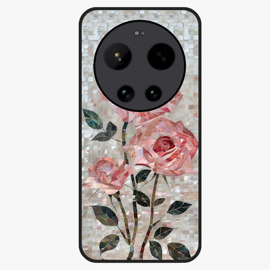 Blush Mosaic Bloom Glass Case showing flat back view with mosaic floral bloom artwork and glossy glass finish.