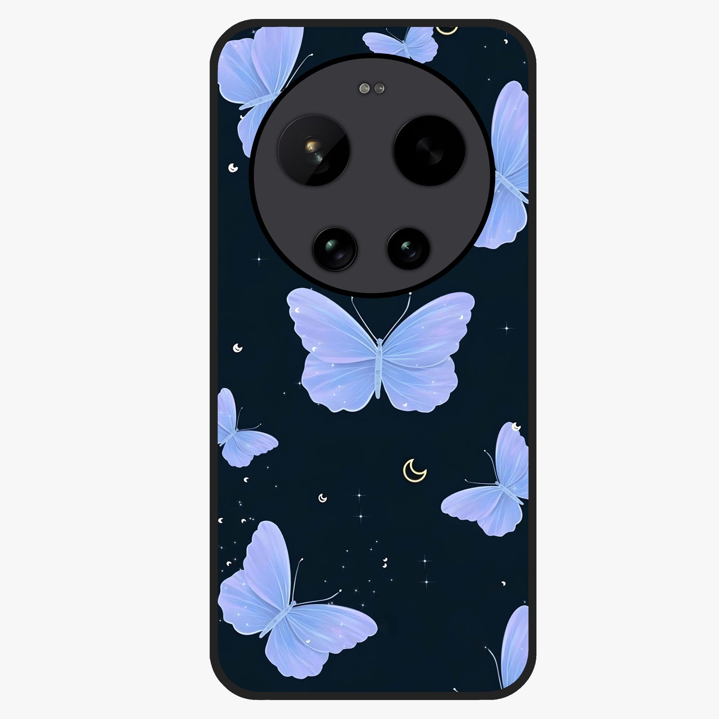Butterfly With Stars Pattern Glass Case showing flat back view with butterfly and star pattern artwork and glossy glass finish.