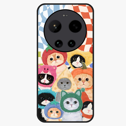 Cats in Fruits Glass Case showing flat back view with playful cat illustrations inside fruit artwork and glossy glass finish.
