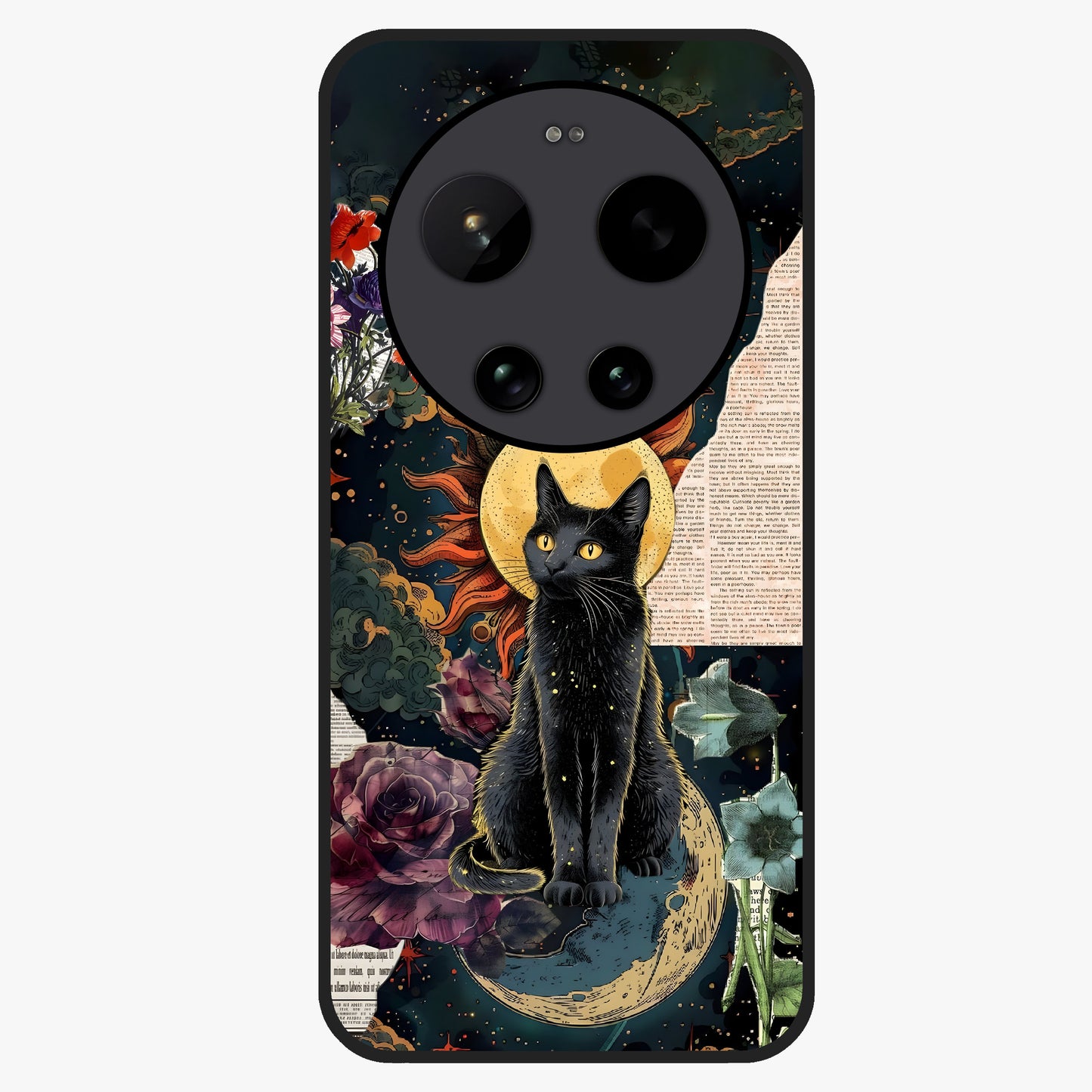 Celestial Black Cat Glass Case showing flat back view with mystical black cat artwork and glossy glass finish.
