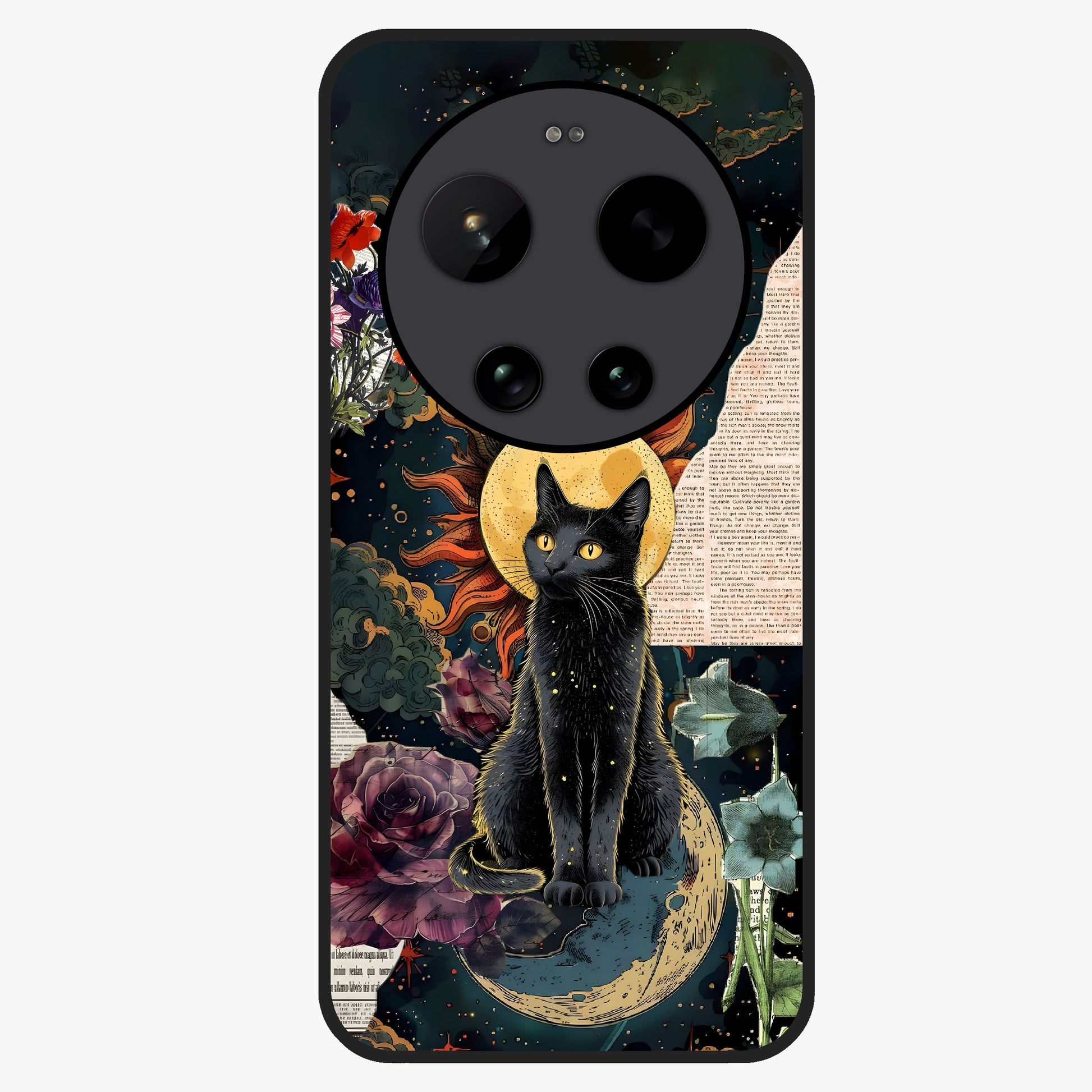 Celestial Black Cat Glass Case showing flat back view with mystical black cat artwork and glossy glass finish.