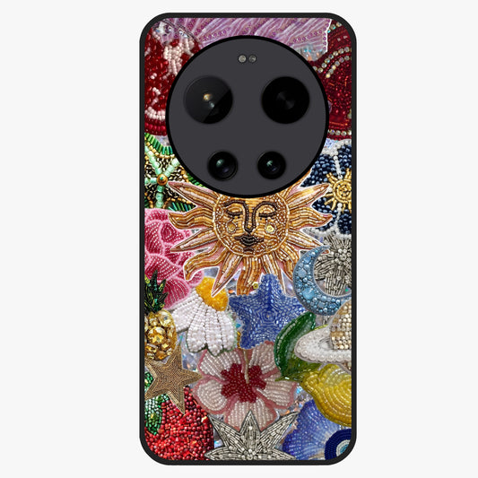 Celestial Floral and Playful Glass Case showing flat back view with floral and celestial themed artwork and glossy glass finish.