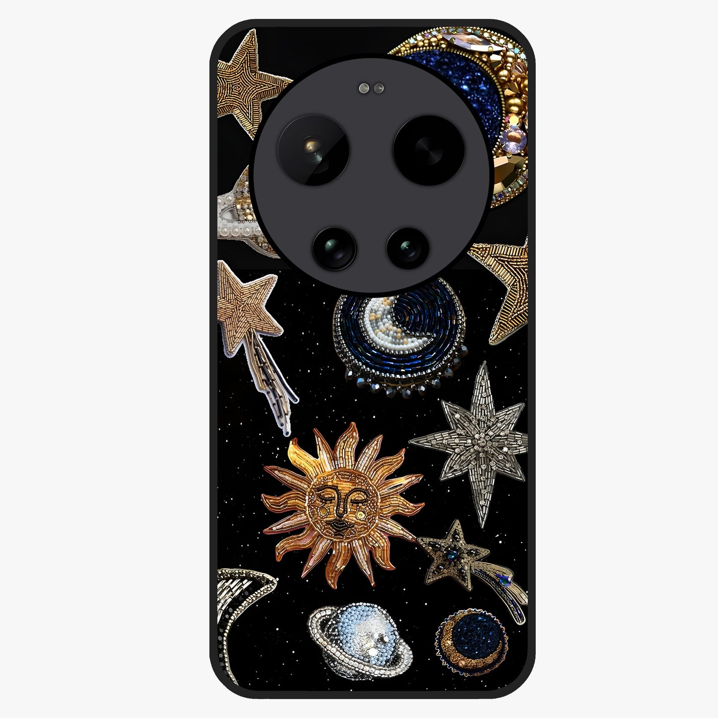 Celestial Gem Constellations Glass Case showing flat back view with sparkling constellation artwork and glossy glass finish.