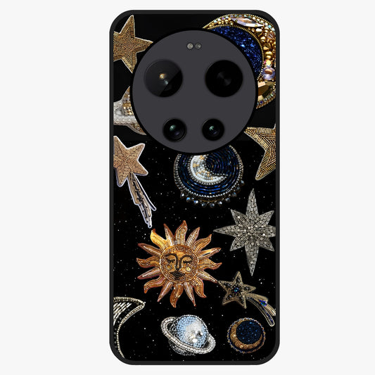 Celestial Gem Constellations Glass Case showing flat back view with sparkling constellation artwork and glossy glass finish.