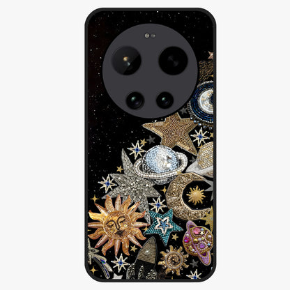 Cosmic Sparkle Dreams Glass Case showing flat back view with sparkling cosmic artwork and glossy glass finish.