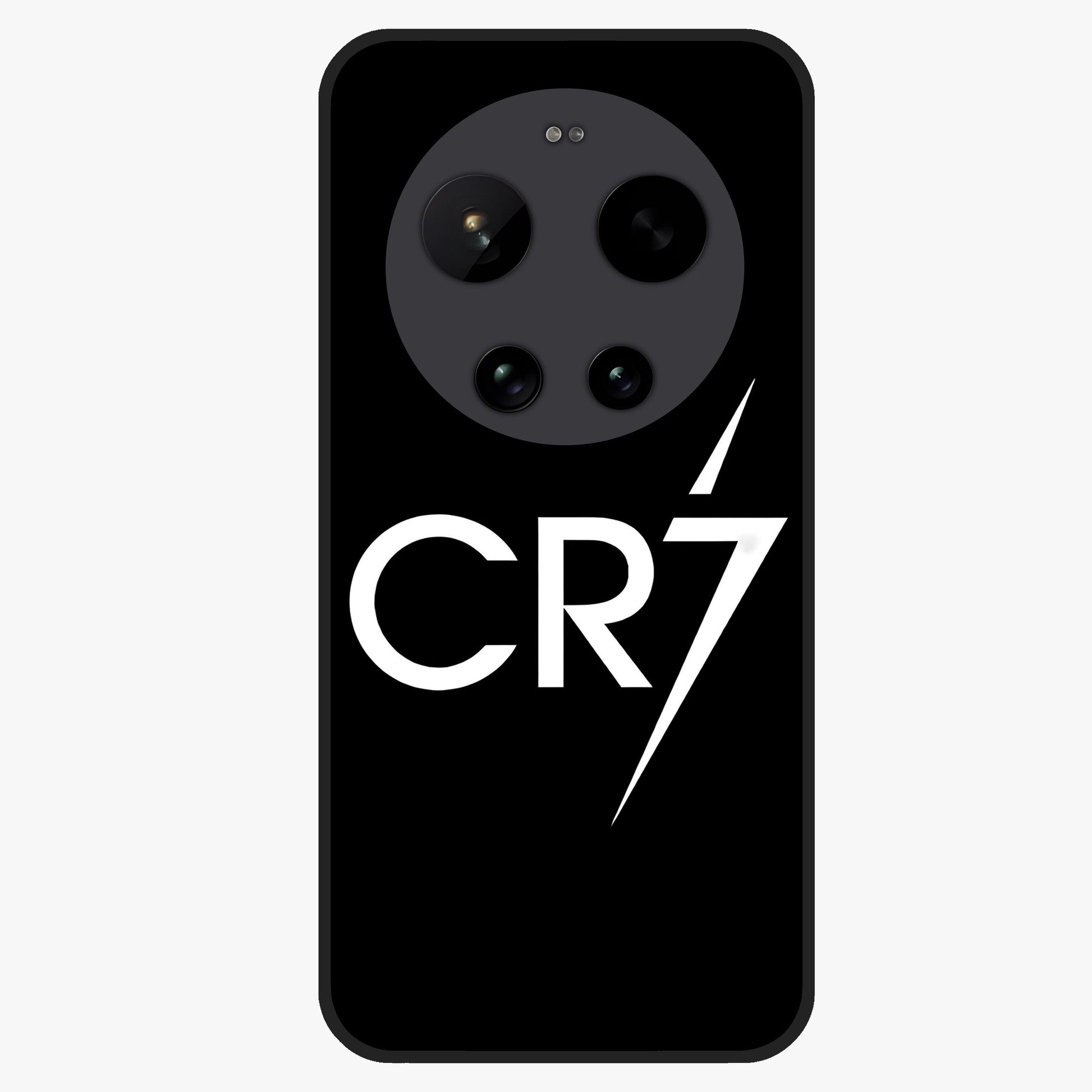 Cr7 Elite Strike Glass Case showing flat back view with dynamic football inspired artwork and glossy glass finish.