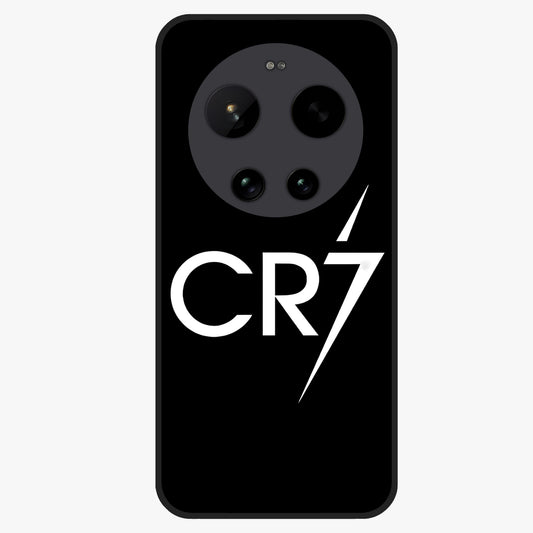 Cr7 Elite Strike Glass Case showing flat back view with dynamic football inspired artwork and glossy glass finish.