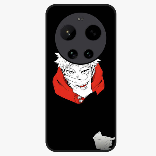 Crimson Chaos Smile Glass Case showing flat back view with bold chaotic smile artwork and glossy glass finish.