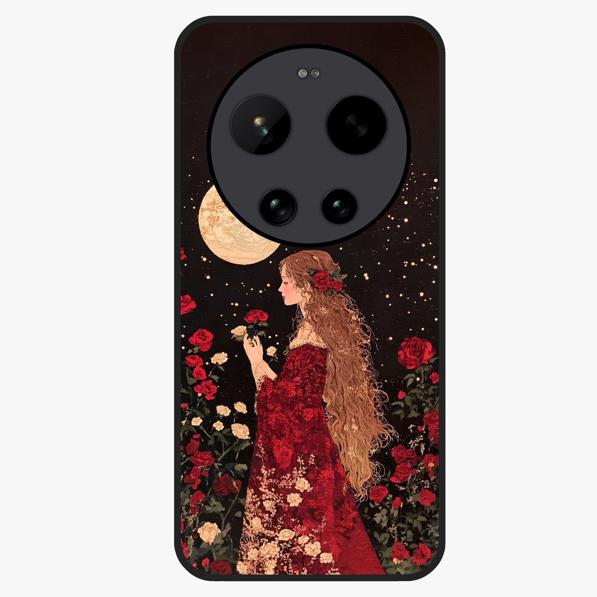 Crimson Dreams Glass Case showing flat back view with dreamy crimson artwork and glossy glass finish.