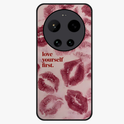 Crimson Kiss Love Glass Case showing flat back view with romantic crimson themed artwork and glossy glass finish.