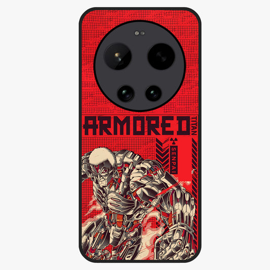 Crimson Mecha Titan Glass Case showing flat back view with powerful mech titan artwork and glossy glass finish.