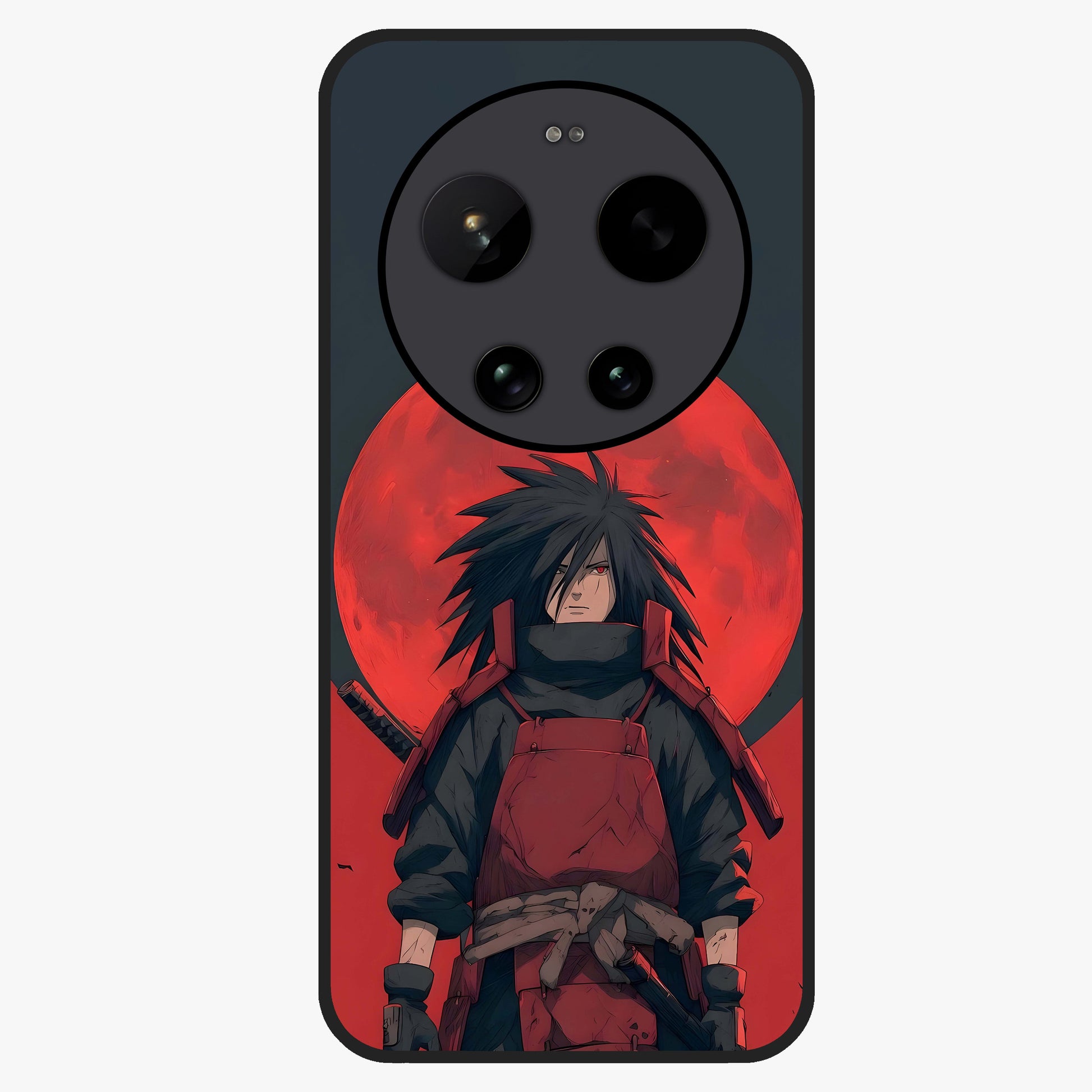 Crimson Moon Warlord Glass Case showing flat back view with mystical moon warrior artwork and glossy glass finish.