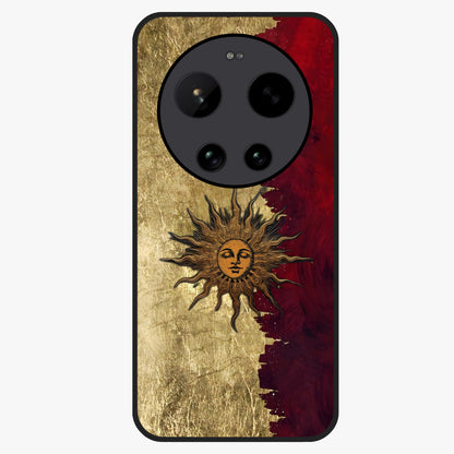 Crimson Sun Majesty Glass Case showing flat back view with radiant sun inspired artwork and glossy glass finish.