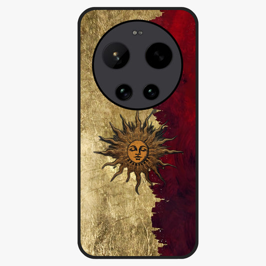 Crimson Sun Majesty Glass Case showing flat back view with radiant sun inspired artwork and glossy glass finish.